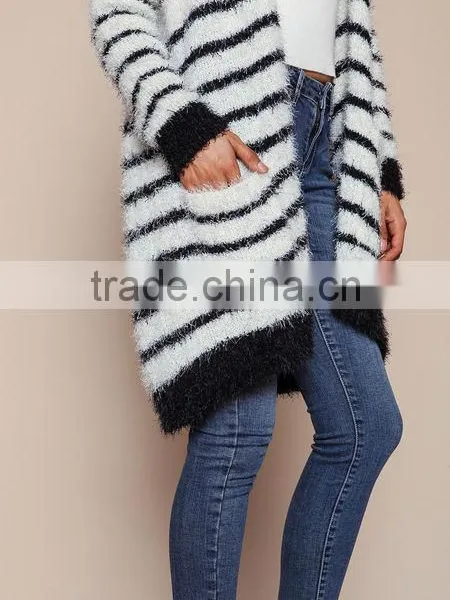 MGOO 2016 New Arrival Fuzzy White Striped Cardigan Women Knit Tops Cashmere Sweaters Women Clothing photo-3