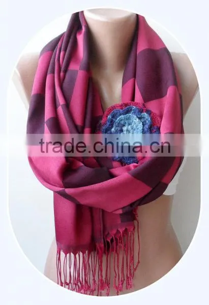 Burgundy Shawls With Rose, Plaid Pattern Scarf, Crochet Rose, Fashion Scarf, Plaid Pattern Scarf, Elegant, Bridesmaid Shawls, We photo-6