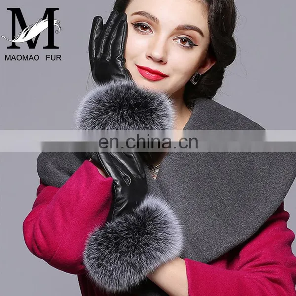 Warm Real Leather Glove With Big Genuine Fox Fur Beautiful Glove photo-3