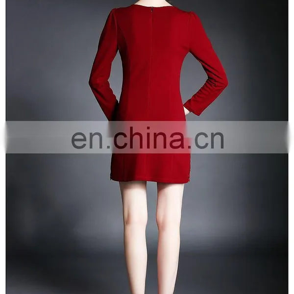 High Quality Ladies Maroon Dress With Lace Trim, Long Sleeve Fashion Autumn Dress photo-6