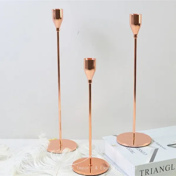 Wholesale Set of 3 Pieces Antique Wedding Rose Gold Black Pillar Tapered Metal Candle Stick Candlestick Holder For Home Decoration photo-2