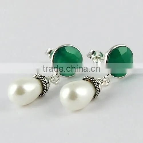 Ever Green !! Pearl & Green Onyx 925 Sterling Silver Earring, Gemstone Silver Jewelry, Handmade Silver Jewelry photo-4
