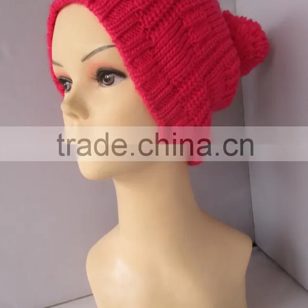 Wholesale Soft Material Knitted Acrylic Fuchsia Pom Pom Beanie photo-4