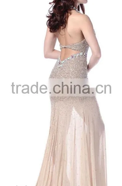 Sexy Cream Halter Beaded Bling Backless Cocktail Dress photo-2