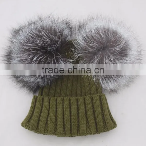 Myfur Classical Beige Color Ribbed Knitting Hat With Luxury Silver Fox Fur Pom Poms photo-2