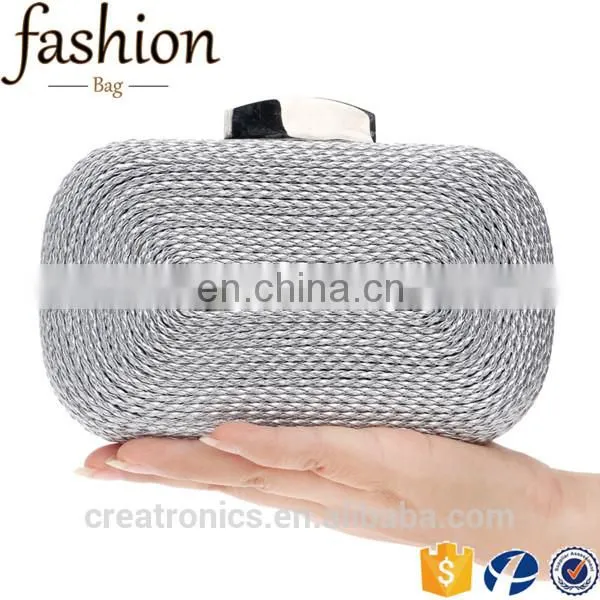 CR Europe Designer Developed and Approved Irregular Surface Straw Pattern Metal Frame Long Chain Silver Color Ladies Clutch Bags