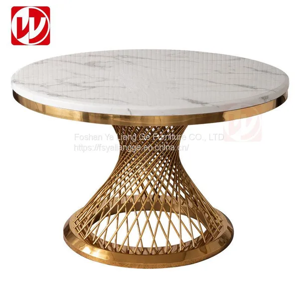 Antique Round Dining Room Furniture Restaurant Marble White Glass Top Golden Stainless Steel Wedding Banquet Table photo-5