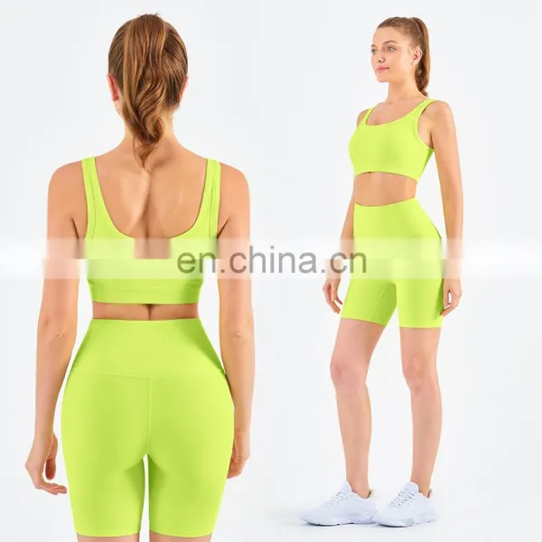 Athletic Ribbed Yoga Fitness Women Square Neckline Sports Bra Biker Shorts Set Gym photo-3