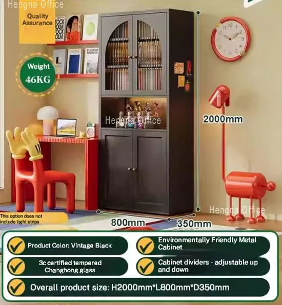 Vintage Metal Glass Bookcase With Curved Glass Door for Study Room | 3C Certified Tempered Glass & Adjustable Shelves