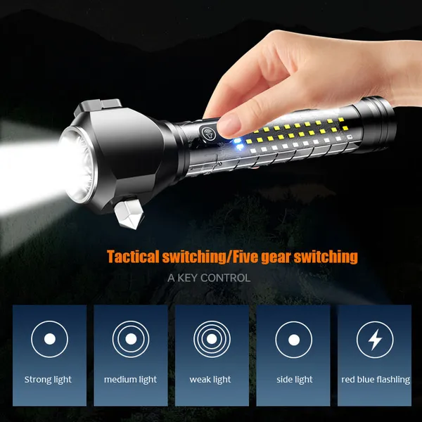 Wholesale 1500LM Multi-function Safety Hammer Flashlight 20W White Laser Rechargeable Car Emergency Torch With Power Bank Magnetic Tail photo-5