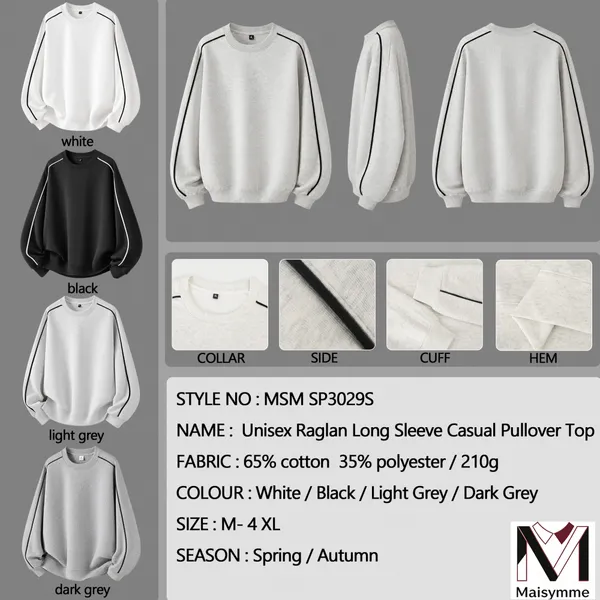 Wholesale Unisex Raglan Long Sleeve Casual Pullover Top Spring Autumn Sweatshirt