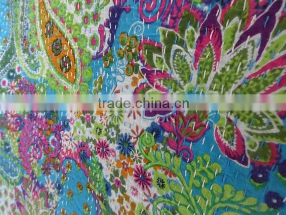 Blue Color Multi Print Paisley Cotton Bedspread, Decorative Queen Size Kantha Quilt, Reversible Indian Bed Cover, Designer Kanth