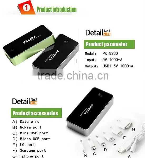 High Capactity Mobile Power Bank/Mobile Charger 9600mAh,Two USB,6 Connectors, for IPhon ,iPad, LG, SAMSUN, NOKI,HTC