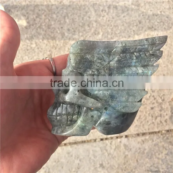 Natural Labradorite Skull Crystal Stone Angel Wings Ornaments photo-6