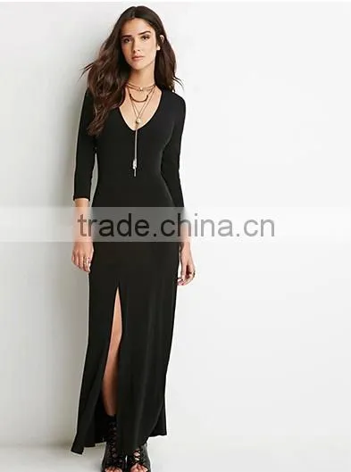 Plain Black Slim Fit Elegant Deep V Long Sexy Evening Dress photo-2