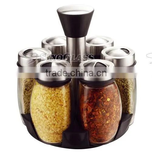 SINOGLASS 6 Jars Stainless Steel Cap With Lazy Susan Triangular Spice Jar Rack Set