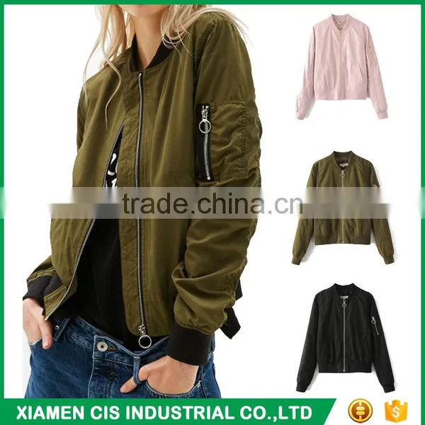 New Arrival Fashion Pure Color 100% Polyester Slim Fit Ladies Pink Bomber Jacket photo-4
