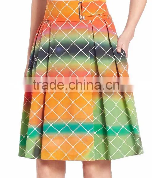 2016 Express Multi Color A-line High-Rise Waist Pleated Cotton Net-Print Midi Knee Length Skirt photo-5