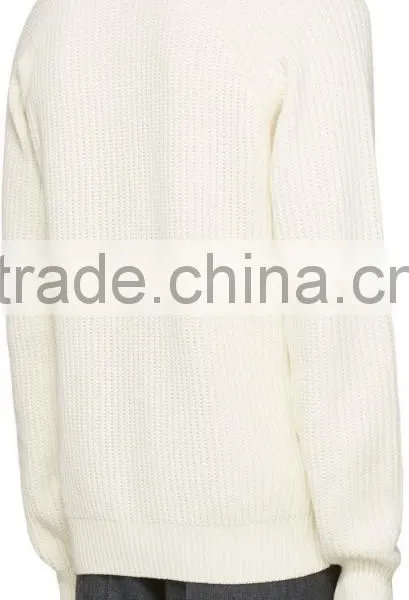 Crew Neck Long Raglan Sleeve Ribbed Cotton Jersey Sweater in Off White for Men photo-3