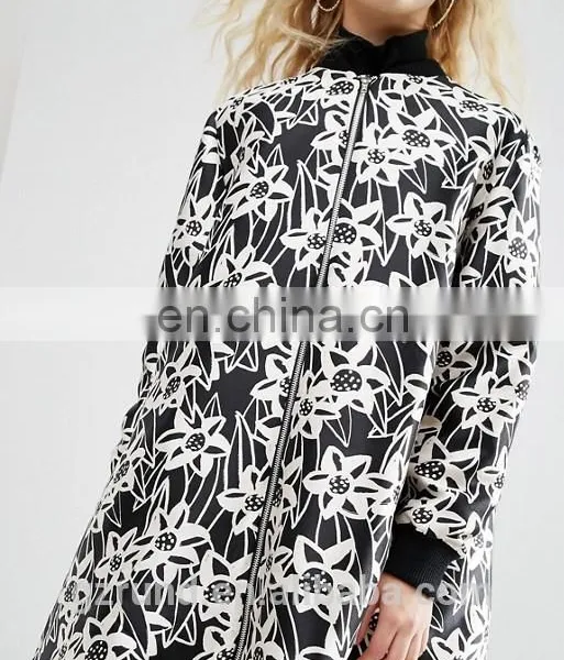 China Supplier Wholesale OEM ODM New Fashion Lady Winter Coat, Black and White Print Floral Satin A- Line Coat With Rib Detail photo-3
