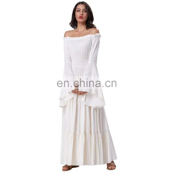 Belle Poque Retro Vintage Long Bell Sleeves Off Shoulder Cotton Flared A-Line Beige Long Maxi Dress BP000401-1 photo-4
