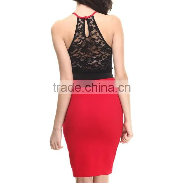 Party Club Ladies Career Dress Sexy Nude Mesh Lace Pattern Red Black Patchwork Asian Suits photo-2