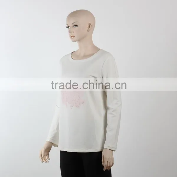F5S10191 New Fashion White Flocking Print Women Long Sleeve T Shirts photo-3