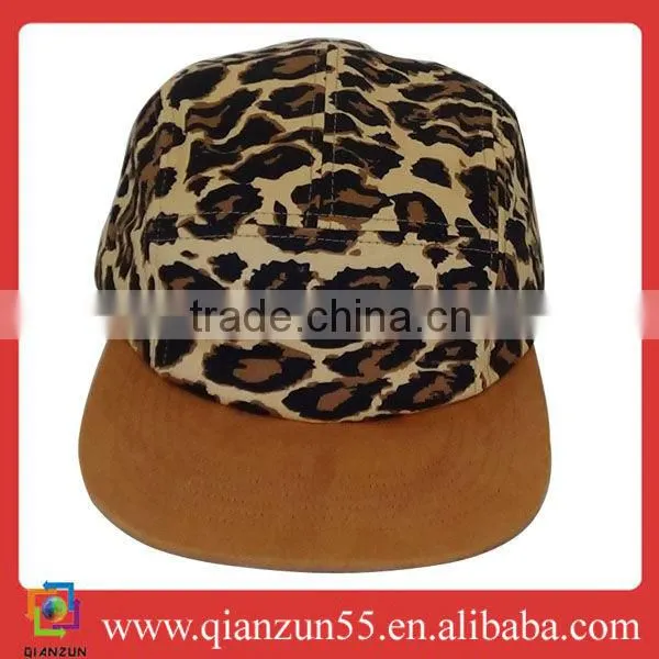 2013 Promotional 5 Panel Hats Leopard Crown Caps Suede Bill Hats Made in China