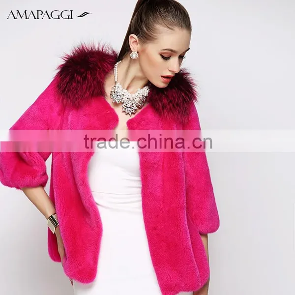 Wholesale Red 100% Real Red Mink Fur Jacket With Fox Collar