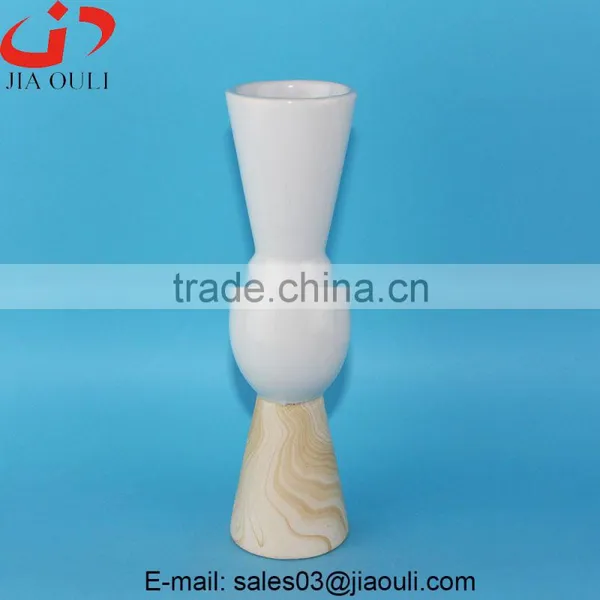 Popular Style Tall Pillar With Wood Print Bottom Ceramic White Vase for Decoration