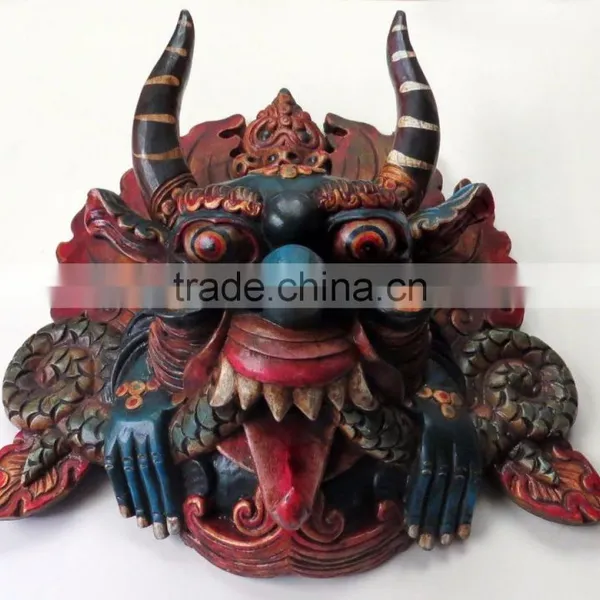 Hand Crafted Wooden Mask of Hindu Buddha Monster Garuda Red Blue Wall Hanging Made in Nepal photo-2