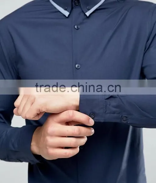 Guangzhou High Quality Custom Long Sleeve Spread Double Collar Chest Pocket Mens 65% Polyester 35% Cotton Casual Navy Shirts photo-3