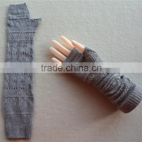 2016 New Design Knitted Elbow Length Winter Gray Grey Fingerless 100% Cashmere Gloves Wholesale Knitting Pattern photo-3