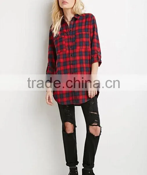 Longline Plaid Flannel Shirt High Quality Blouse OEM Women's Shirts photo-3