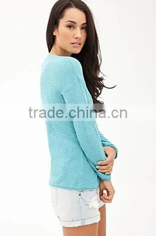 Simple Soft Slub 100% Cotton Round Neck Female Pullover Sweater photo-5