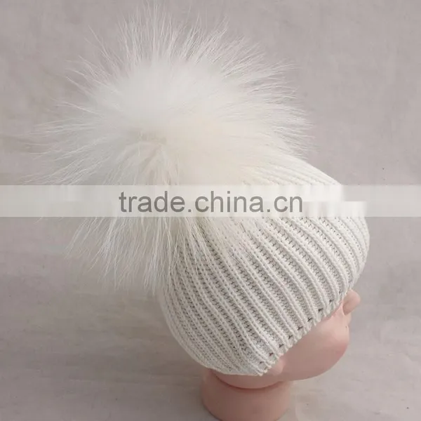 Myfur Kids Hat Pure White Genuine Fur Pom Pom Crochet Winter Knitting Hat photo-4
