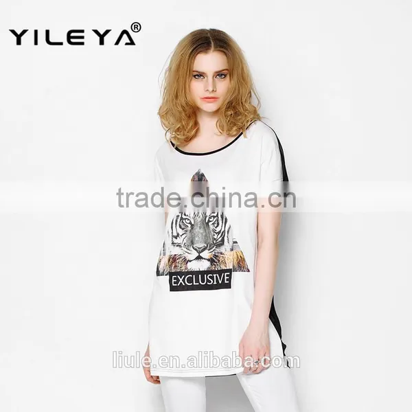 Latest Summer Fashion Long Style Tiger Pattern Print Women t Shirts Cheap, Cotton t Shirts With Transparent Back photo-3