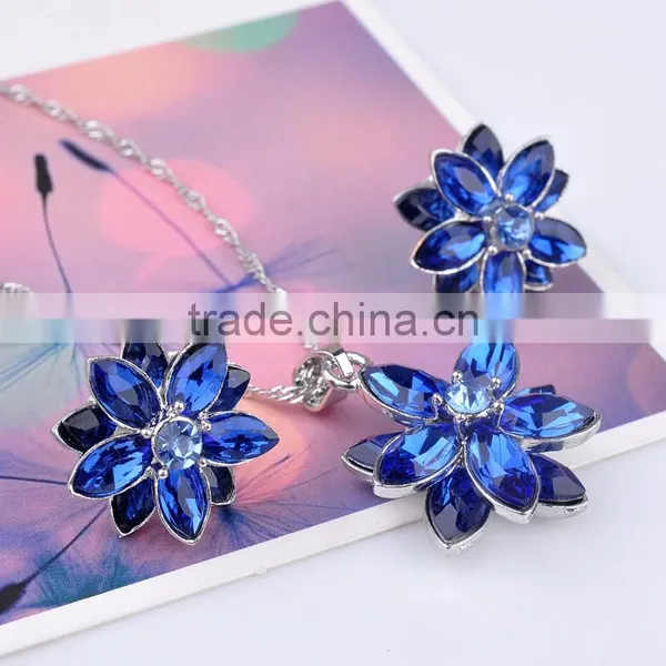 Blue/White/Pink Flower Necklace Earring Set Rhinestone Crystals for Women Jewelry photo-2