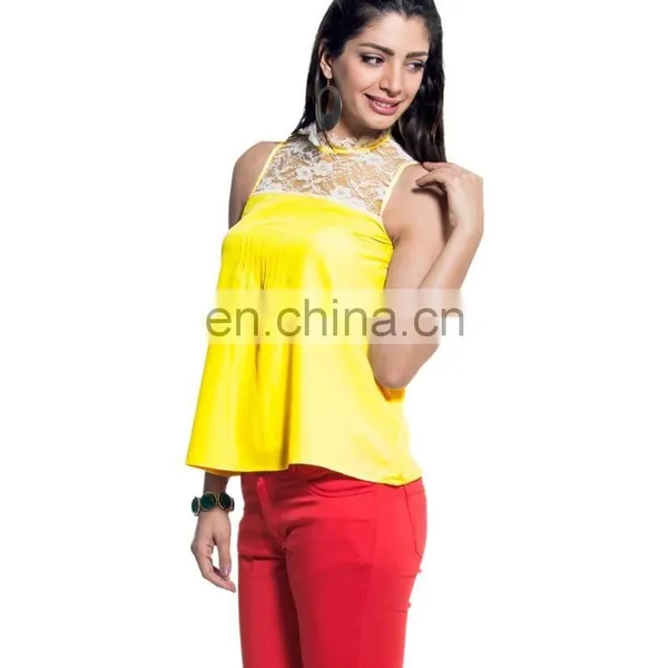 Yellow Sleeveless Lace Yoke Top photo-4