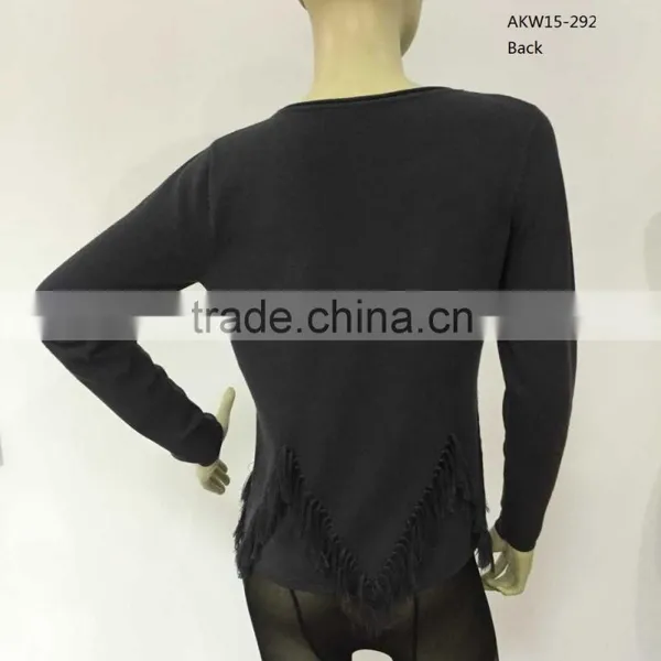 Ladies Crew Neck Long Sleeve Grey Color With Front Fringe Fashion Garment