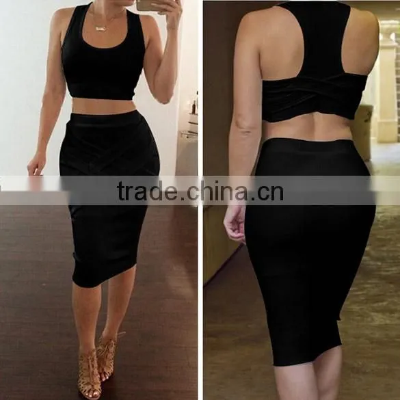 Stylish Lady Women's Casual Sexy High Elastic O-neck Sleeveless Tank Tops And Pencil Skirt Set photo-3