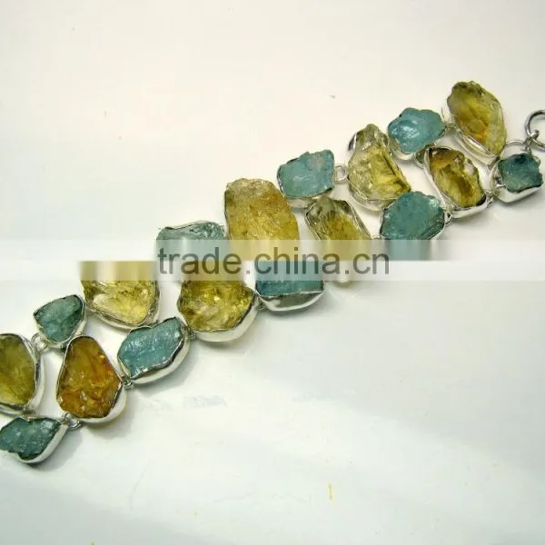 Rough Aquamarine & Citrine Natural Gemstones 925 Sterling Silver Raw Bracelet