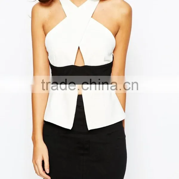 China Factory OEM ODM 2015 Customized Sleeveless New Fashion Halterneck Cross Front Cut Out Top photo-3