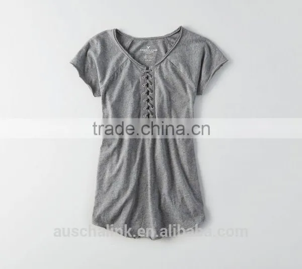Tagless Comfort Lace up Raglan Scoop Bottom Women t Shirt With Distressed photo-3