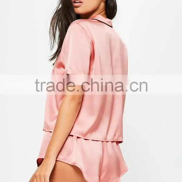 Pink Satin Piped Short Pyjama Set Roll Cuff Sleeve With Private Label Short Sleeve Buttons Sleepwear photo-2