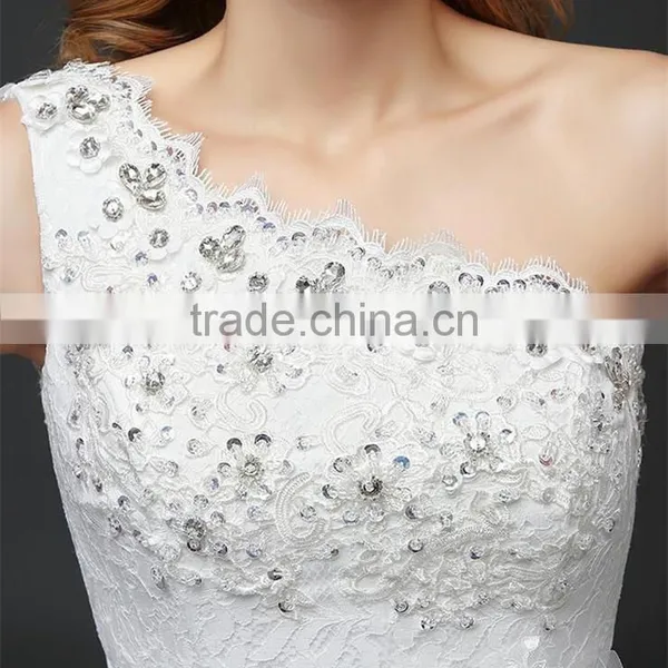 Floral Lace Trim Hem One Shoulder Crystals Pearl Ball Gown Appliques Lace Tulle Customize Wedding Dresses photo-3