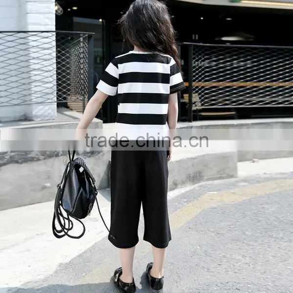 Zm50278b 2017 New Style Summer Childern Clothes Short Sleeve Stripe Shirt Loose Pants Girls Suit photo-3