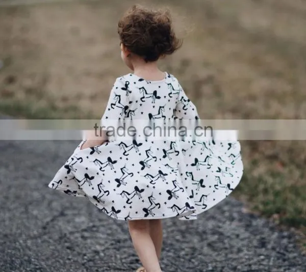 Little Girls Fall Clothing Kids Unicorn Twril Cotton Printed Long Sleeve Dress photo-2