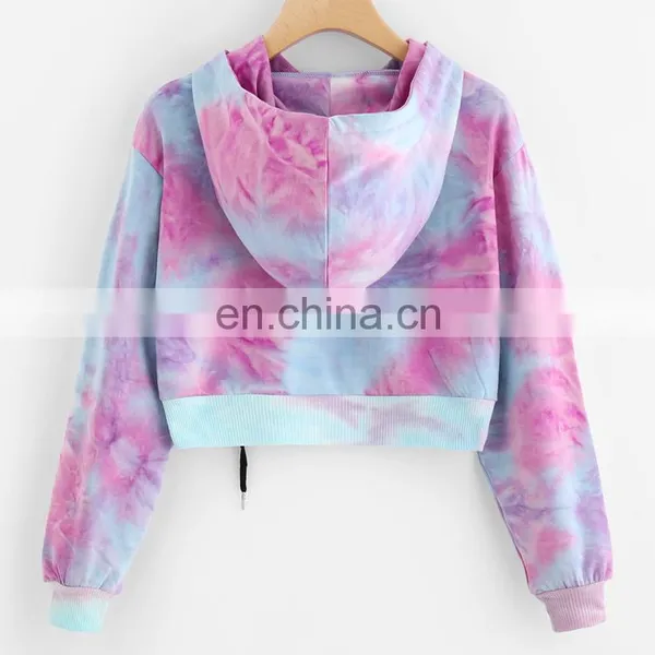 Purple Tie Dye Printing Short Hoodies Sweatshirt Women Casual Drawstring Thin Pullover Autumn Female Girl Long Sleeve Tops photo-4