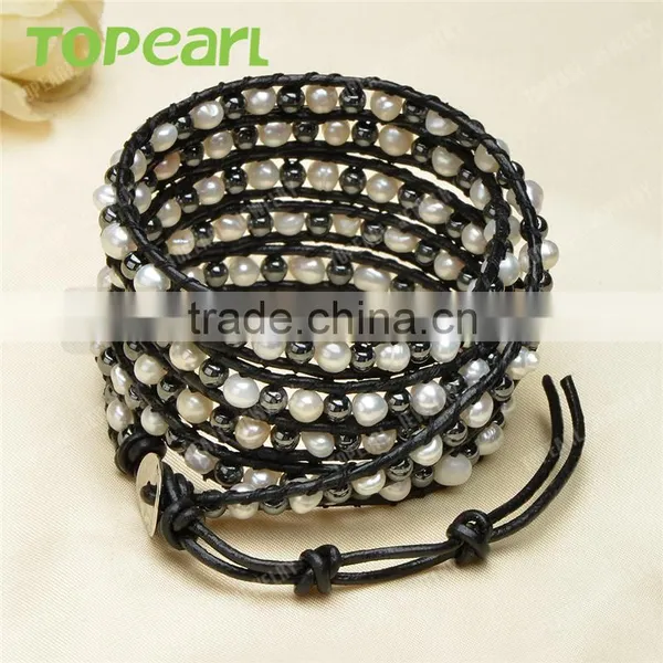 Topearl Jewelry 2016 Popular Freshwater Pearl Hematite Bracelet Woven Leather Wrap Bracelets for Women 33.5 Inches CLL132 photo-2